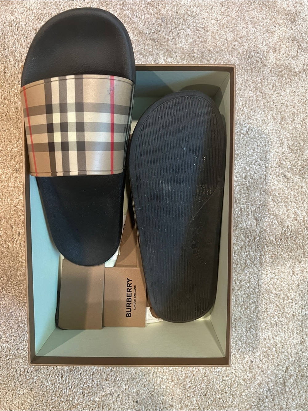 Burberry Men’s Black Footbed Beige Nova Check Slide Sandals